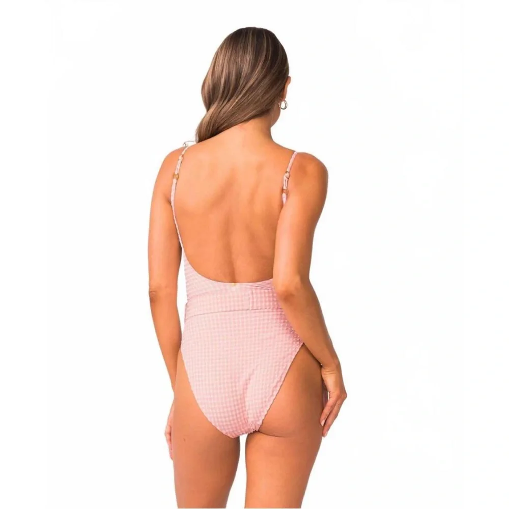 PQ Ballet Lucia Belted Pink Gingham One-Piece Swimsuit Large